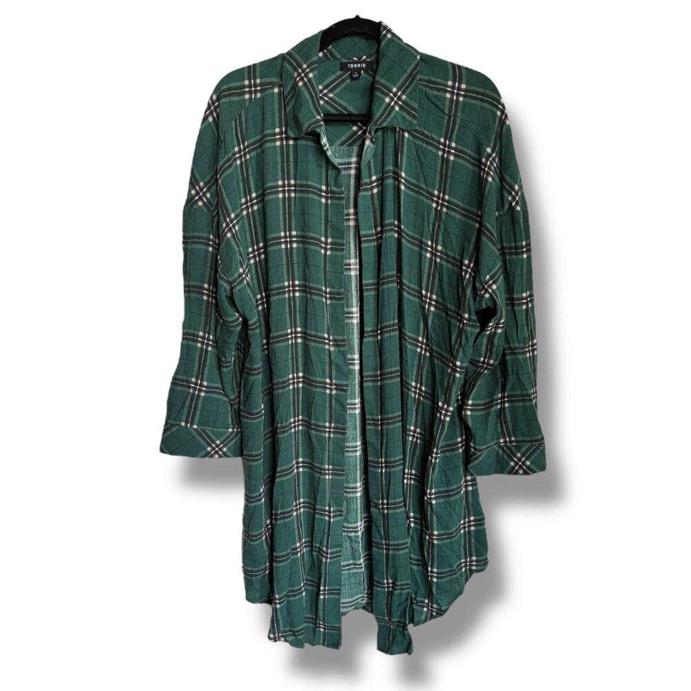 Torrid Oversized Kimono Shirt Asher Stripe Impatiens Green Pink Plaid 1 1X Gauze - Picture 4 of 8